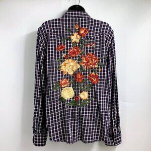 Driftwood Women's Sam Floral Embroidered Cotton Plaid Button Up Long Sleeve SZ L